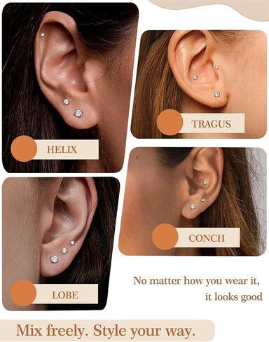 3 Pairs Moissanite Stud Earrings for Women & Men, Sterling Silver Hypoallergeni Design, Flat Back, Cartilage Helix Piercing Earring, D Color VVS1 Moissanite Earrings Set, 18K White Gold Plated in Saudi Arabia