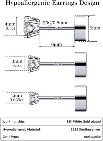 3 Pairs Moissanite Stud Earrings for Women & Men, Sterling Silver Hypoallergeni Design, Flat Back, Cartilage Helix Piercing Earring, D Color VVS1 Moissanite Earrings Set, 18K White Gold Plated in Saudi Arabia