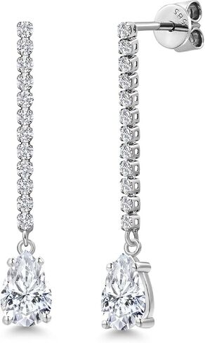 GEM Stone King 14K White Gold Gemstone Birthstone and White Lab Garwing Diamond Lond Lond Loner Seardrop Danger arocrings for Women | شكل الكمثرى 8x5mm | أقراط السلسلة الذهب البيضاء in Kuwait
