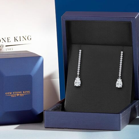 GEM Stone King 14K White Gold Gemstone Birthstone and White Lab Garwing Diamond Lond Lond Loner Seardrop Danger arocrings for Women | شكل الكمثرى 8x5mm | أقراط السلسلة الذهب البيضاء in Kuwait
