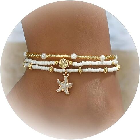 3 Pcs Shell Anklets Bracelets for Women Summer Sea Shell Starfish Ankle Bracelet Set Adjustable Handmade Boho Beaded Anklets Beach Surfer Foot Jewelry Accessories in Saudi Arabia