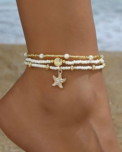 3 Pcs Shell Anklets Bracelets for Women Summer Sea Shell Starfish Ankle Bracelet Set Adjustable Handmade Boho Beaded Anklets Beach Surfer Foot Jewelry Accessories in Saudi Arabia