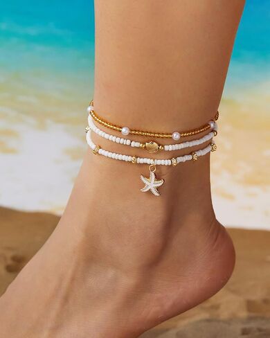 3 Pcs Shell Anklets Bracelets for Women Summer Sea Shell Starfish Ankle Bracelet Set Adjustable Handmade Boho Beaded Anklets Beach Surfer Foot Jewelry Accessories in Saudi Arabia