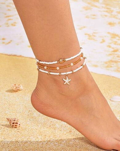 3 Pcs Shell Anklets Bracelets for Women Summer Sea Shell Starfish Ankle Bracelet Set Adjustable Handmade Boho Beaded Anklets Beach Surfer Foot Jewelry Accessories in Saudi Arabia