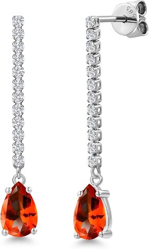 Gem Stone King 14K White Gold Gemstone Birthstone and White Lab Grown Diamond Long Liner Teardrop Dangle Earrings for Women | Pear Shape 8X5MM | White Gold Chain Drop Earrings in Saudi Arabia