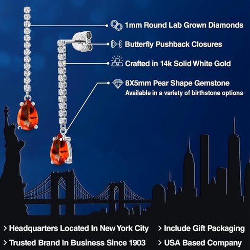 Gem Stone King 14K White Gold Gemstone Birthstone and White Lab Grown Diamond Long Liner Teardrop Dangle Earrings for Women | Pear Shape 8X5MM | White Gold Chain Drop Earrings in Saudi Arabia