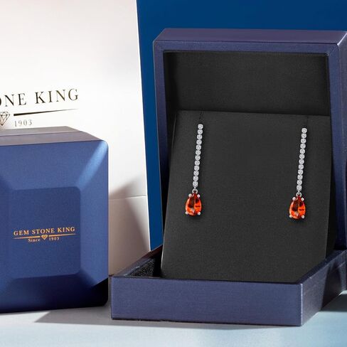 Gem Stone King 14K White Gold Gemstone Birthstone and White Lab Grown Diamond Long Liner Teardrop Dangle Earrings for Women | Pear Shape 8X5MM | White Gold Chain Drop Earrings in Saudi Arabia
