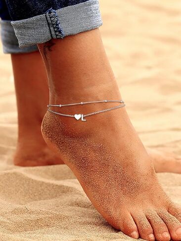 PROSILVER Ankle Bracelets for Women S925 Sterling Silver Anklets for Women Waterproof, Dainty Layered Heart Anklet, Beach Initial Anklet for Summer, Letter A-Z in Kuwait