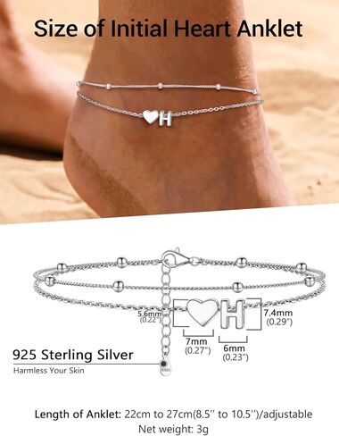 PROSILVER Ankle Bracelets for Women S925 Sterling Silver Anklets for Women Waterproof, Dainty Layered Heart Anklet, Beach Initial Anklet for Summer, Letter A-Z in Kuwait