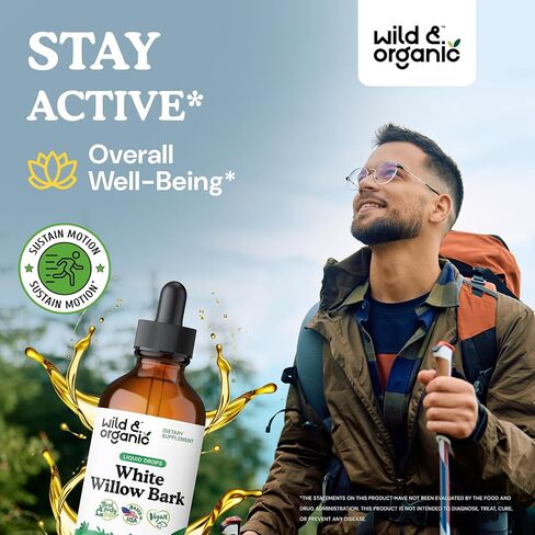 Wild & Organic White Willow Bark Extract Liquid Drops - Overall Well-Being Supplement - 500 mg White Willow Bark Herb Tincture - No Alcohol & Sugar, Non-GMO - 2 fl oz in Saudi Arabia