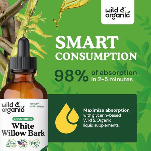 Wild & Organic White Willow Bark Extract Liquid Drops - Overall Well-Being Supplement - 500 mg White Willow Bark Herb Tincture - No Alcohol & Sugar, Non-GMO - 2 fl oz in Saudi Arabia