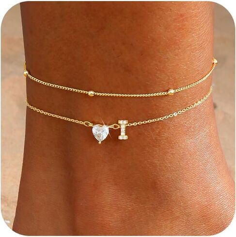 CAROVO Gold Ankle Bracelets for Women Waterproof 14K Real Gold Plated CZ Initial Anklet for Women Dainty Layered Letter A-Z Heart Ankle Bracelets Handmade Adjustable Anklet Summer Beach Jewelry in Kuwait