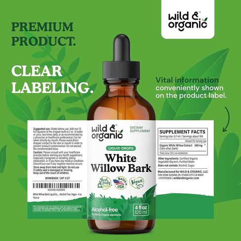 Wild & Organic White Willow Bark Extract Liquid Drops - Overall Well-Being Supplement - 500 mg White Willow Bark Herb Tincture - No Alcohol & Sugar, Non-GMO - 2 fl oz in Saudi Arabia
