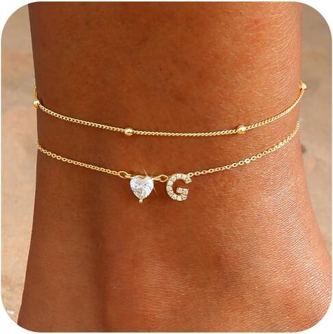 CAROVO Gold Ankle Bracelets for Women Waterproof 14K Real Gold Plated CZ Initial Anklet for Women Dainty Layered Letter A-Z Heart Ankle Bracelets Handmade Adjustable Anklet Summer Beach Jewelry in Kuwait