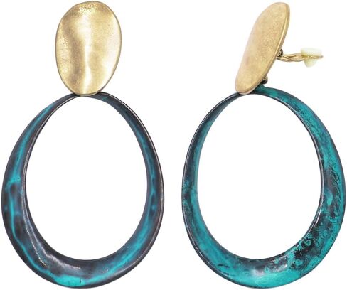 Rosemarie & Jubalee Women's Statement Metal Disc Oval Twist Hoop Dangle Clip on Style Earrings, 3.25" in Saudi Arabia