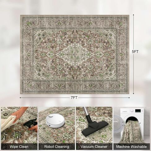 4x6 Blue Washable Boho Area Rug for Bedroom, Vintage Floral Non Slip Living Room Rugs, Soft Low Pile Indoor Mat, Aesthetic Pattern Carpet for Kitchen, Dining Room and Bedside in Kuwait