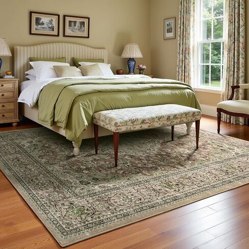 4x6 Blue Washable Boho Area Rug for Bedroom, Vintage Floral Non Slip Living Room Rugs, Soft Low Pile Indoor Mat, Aesthetic Pattern Carpet for Kitchen, Dining Room and Bedside in Kuwait