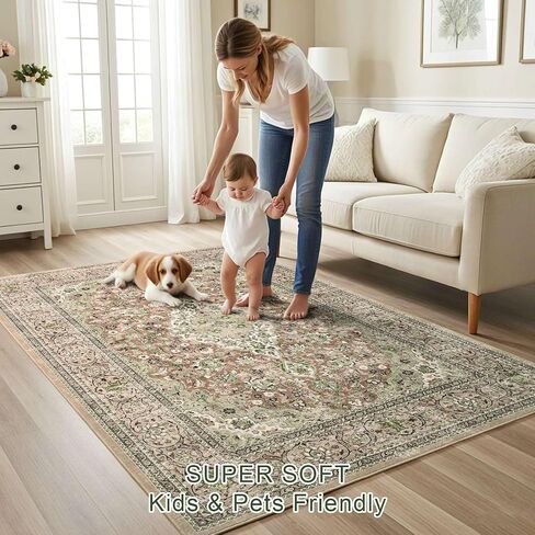 4x6 Blue Washable Boho Area Rug for Bedroom, Vintage Floral Non Slip Living Room Rugs, Soft Low Pile Indoor Mat, Aesthetic Pattern Carpet for Kitchen, Dining Room and Bedside in Kuwait