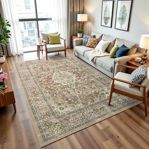 4x6 Blue Washable Boho Area Rug for Bedroom, Vintage Floral Non Slip Living Room Rugs, Soft Low Pile Indoor Mat, Aesthetic Pattern Carpet for Kitchen, Dining Room and Bedside in Kuwait
