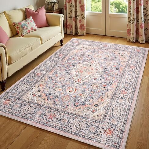 4x6 Blue Washable Boho Area Rug for Bedroom, Vintage Floral Non Slip Living Room Rugs, Soft Low Pile Indoor Mat, Aesthetic Pattern Carpet for Kitchen, Dining Room and Bedside in Kuwait