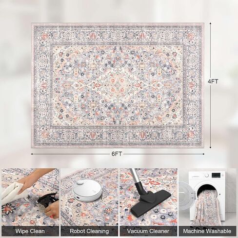 4x6 Blue Washable Boho Area Rug for Bedroom, Vintage Floral Non Slip Living Room Rugs, Soft Low Pile Indoor Mat, Aesthetic Pattern Carpet for Kitchen, Dining Room and Bedside in Kuwait