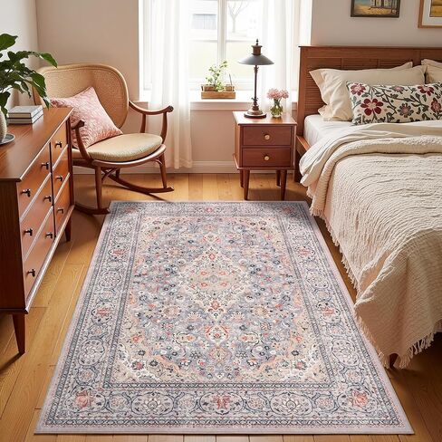 4x6 Blue Washable Boho Area Rug for Bedroom, Vintage Floral Non Slip Living Room Rugs, Soft Low Pile Indoor Mat, Aesthetic Pattern Carpet for Kitchen, Dining Room and Bedside in Kuwait