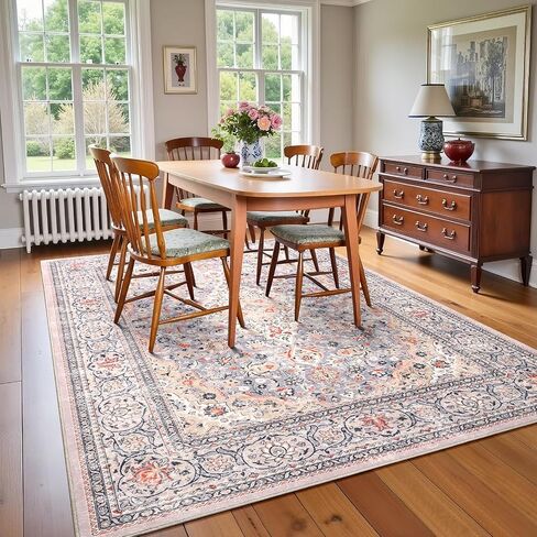 4x6 Blue Washable Boho Area Rug for Bedroom, Vintage Floral Non Slip Living Room Rugs, Soft Low Pile Indoor Mat, Aesthetic Pattern Carpet for Kitchen, Dining Room and Bedside in Kuwait