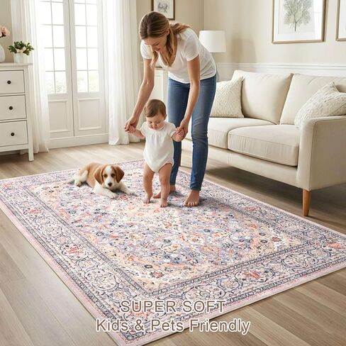 4x6 Blue Washable Boho Area Rug for Bedroom, Vintage Floral Non Slip Living Room Rugs, Soft Low Pile Indoor Mat, Aesthetic Pattern Carpet for Kitchen, Dining Room and Bedside in Kuwait