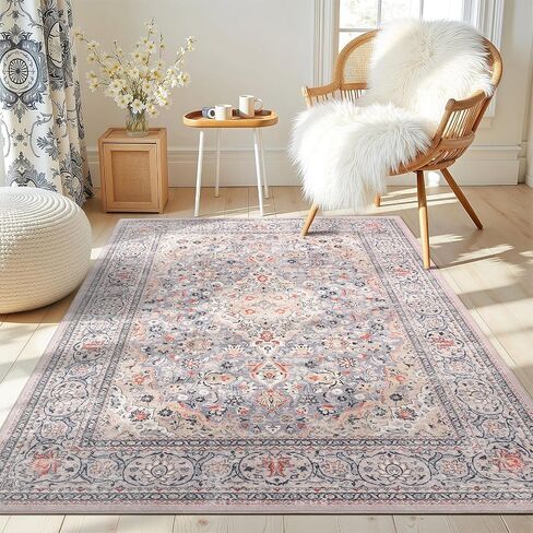 4x6 Blue Washable Boho Area Rug for Bedroom, Vintage Floral Non Slip Living Room Rugs, Soft Low Pile Indoor Mat, Aesthetic Pattern Carpet for Kitchen, Dining Room and Bedside in Kuwait
