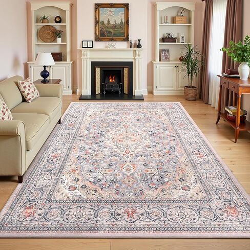 4x6 Blue Washable Boho Area Rug for Bedroom, Vintage Floral Non Slip Living Room Rugs, Soft Low Pile Indoor Mat, Aesthetic Pattern Carpet for Kitchen, Dining Room and Bedside in Kuwait