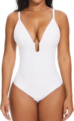 SHAPERIN Women's Deep U Neck Bodysuit Double Lined Plunge Tummy Control Shapewear Thong Body Suits Backless Cami Tank in Saudi Arabia