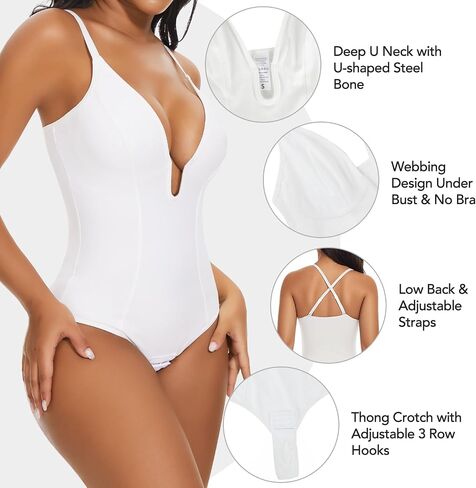 SHAPERIN Women's Deep U Neck Bodysuit Double Lined Plunge Tummy Control Shapewear Thong Body Suits Backless Cami Tank in Saudi Arabia