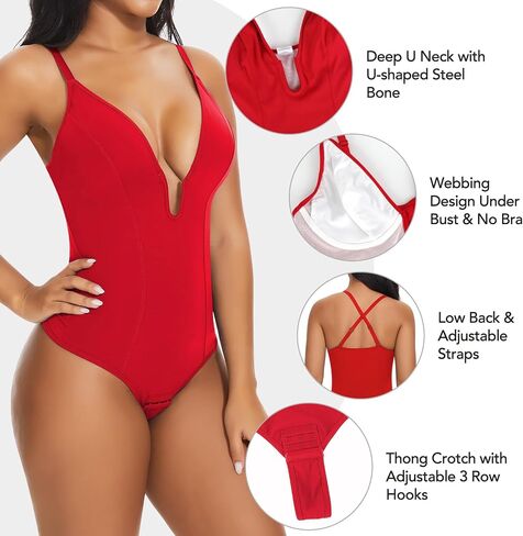 SHAPERIN Women's Deep U Neck Bodysuit Double Lined Plunge Tummy Control Shapewear Thong Body Suits Backless Cami Tank in Saudi Arabia
