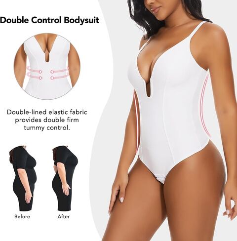 SHAPERIN Women's Deep U Neck Bodysuit Double Lined Plunge Tummy Control Shapewear Thong Body Suits Backless Cami Tank in Saudi Arabia