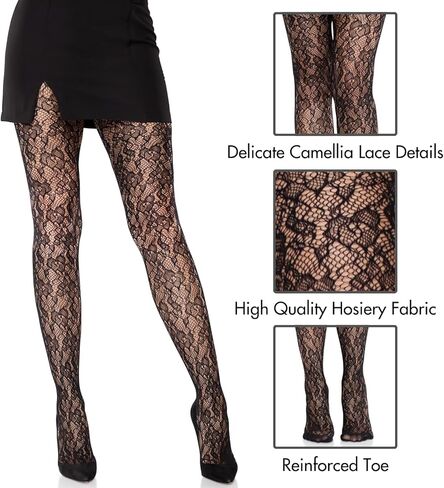 Leg Avenue Women’s Black Tights Camellia Lace Tights for Women with Designs, Black, One Size in Saudi Arabia