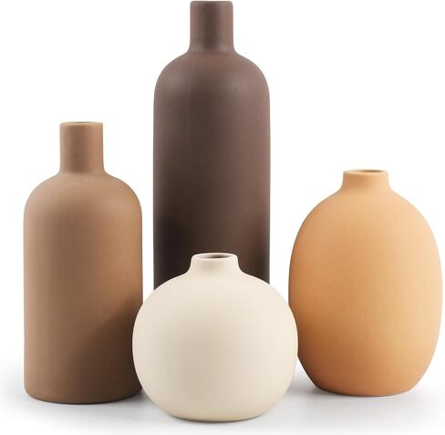 Ceramic Neutral Vase Set of 4 for Farmhouse Home Decor, Rustic Decorative Vases for Boho Living Room Centerpieces, Entryway Decorations, Coffee Table, Bookshelf, Fireplace Mantel in Saudi Arabia