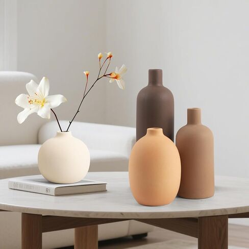 Ceramic Neutral Vase Set of 4 for Farmhouse Home Decor, Rustic Decorative Vases for Boho Living Room Centerpieces, Entryway Decorations, Coffee Table, Bookshelf, Fireplace Mantel in Saudi Arabia