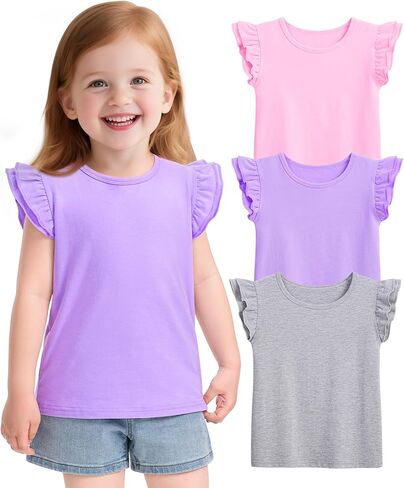 Witwot 3 Pack Toddler Girl Shirts Cotton Baby Girls Ruffle Sleeve Tee Cute Blouse Tops Size 2T - 7Years in Kuwait