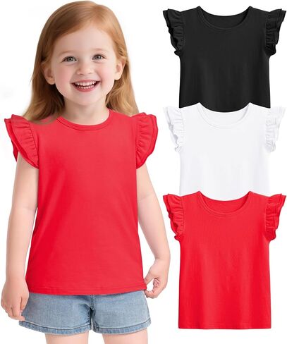 Witwot 3 Pack Toddler Girl Shirts Cotton Baby Girls Ruffle Sleeve Tee Cute Blouse Tops Size 2T - 7Years in Kuwait