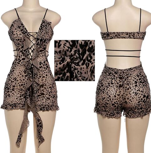 Molilove Womens Cheetah Print Romper Mesh Sexy Sexy Bodycon Shorts Leopard Romper Hollow Out Y2K One Piece Outfits in Kuwait