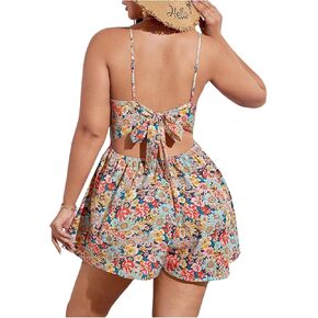 SHENHE Women's Plus Size Summer Boho Floral Romper Tie Back Bowknot Spaghetti Strap Jumpsuit