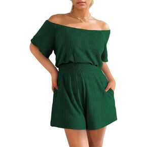 Fixmatti Womens Off The Shoulder Romper Short Sleeve Smocked Waist Mini Jumpsuit with pockets