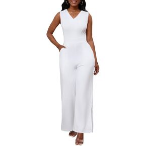 Bdwinz Womens Summer Sleeveless V Neck Jumpsuits Casual One Piece Wide Leg Long Jumpsuits for Women Dressy