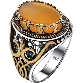 Genuine Solid 925 Sterling Silver Accented with Bronze and Stone, Authentic Vintage Turkish Ottoman Style Ring for Men