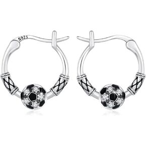 Soccer Earrings 925 Sterling Silver Football Hoop Earrings with CZ Men Women Cool Sports Soccer ball Jewelry Gifts for Athletes Football Lovers