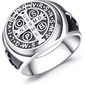 Odinstone Sterling Silver St Benedict Ring, Saint Benedict Exorcism Ring Catholic Roman Cross Protection Amulet Gifts for Men Size#7-13