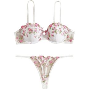 SHENHE Women's Underwire Cute Floral Embroidery Mesh Sheer Bra Panty Lingerie Set