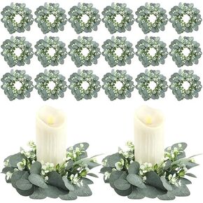 20 Pcs Artificial Eucalyptus Candle Rings, Boho Wedding Candle Holder Wreaths with Green Leaves, Decorative Pillar Candle Rings for Centerpieces and Home Decor