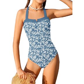 Shallmu Girls One Piece Swimsuits Color Block Dual Crossback Straps with Cover Up Skirt Girl's Swimwear 9-16Y