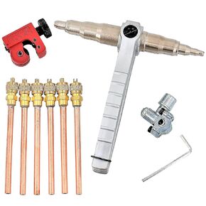 AC Service Valve - Piercer - Expander Kit | Expanding Tool - Universal Swaging (1) | Service Valve 1/4' OD x 4'' Long Stem Core Tube (6) | Piercing Valve to Convert R12 to R134a (1) | Small Cutter (1)